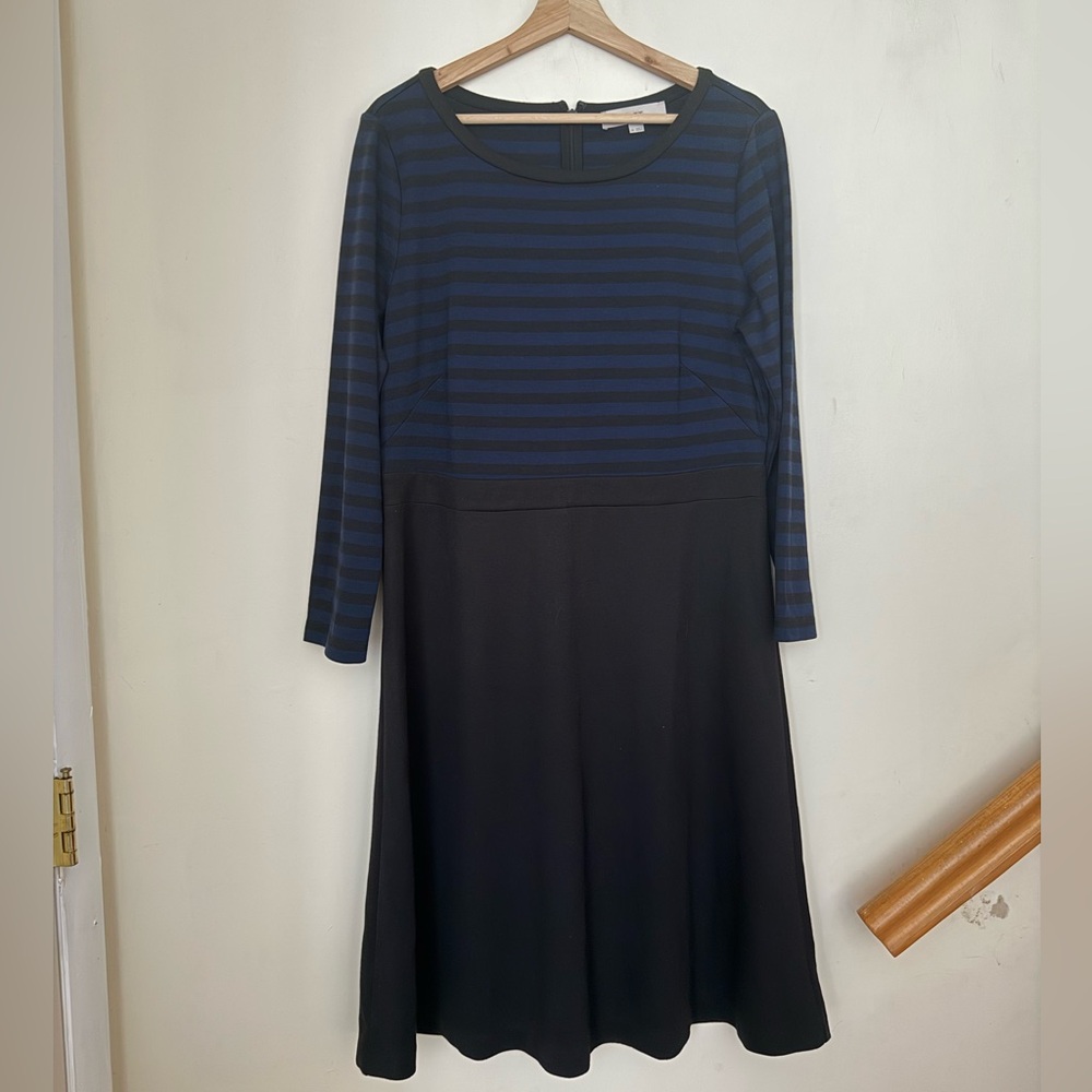 LOFT Navy Black Striped Fit & Flare Dress 3/4 Sleeve Work Dress Size 14